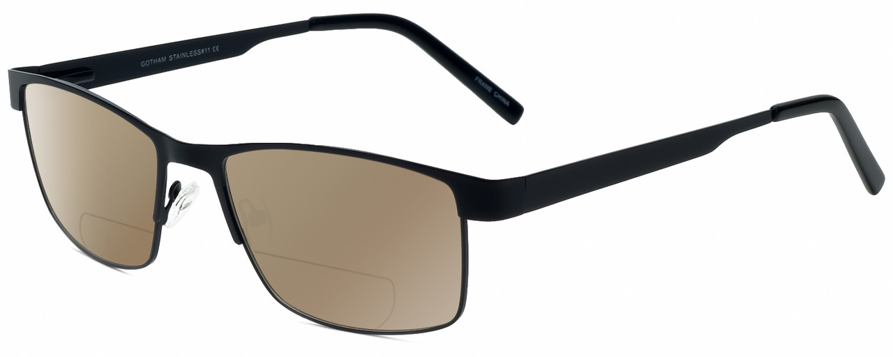 Profile View of Gotham Style 11 Designer Polarized Reading Sunglasses with Custom Cut Powered Amber Brown Lenses in Black Mens Rectangular Full Rim Metal 59 mm