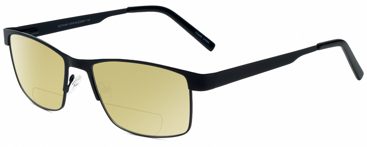 Profile View of Gotham Style 11 Designer Polarized Reading Sunglasses with Custom Cut Powered Sun Flower Yellow Lenses in Black Mens Rectangular Full Rim Metal 59 mm