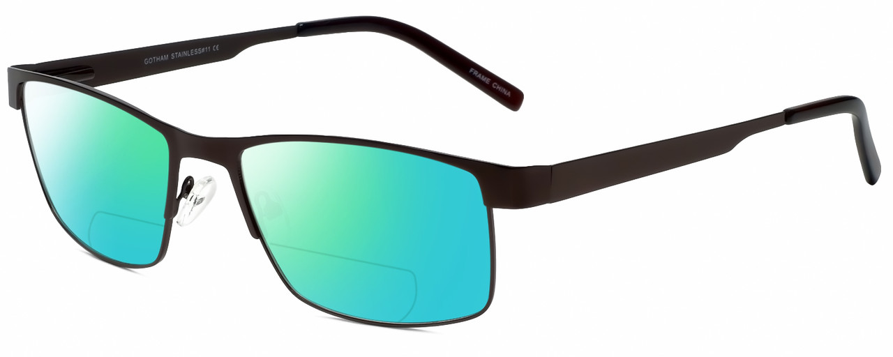 Profile View of Gotham Style 11 Designer Polarized Reading Sunglasses with Custom Cut Powered Green Mirror Lenses in Brown Mens Rectangular Full Rim Metal 59 mm