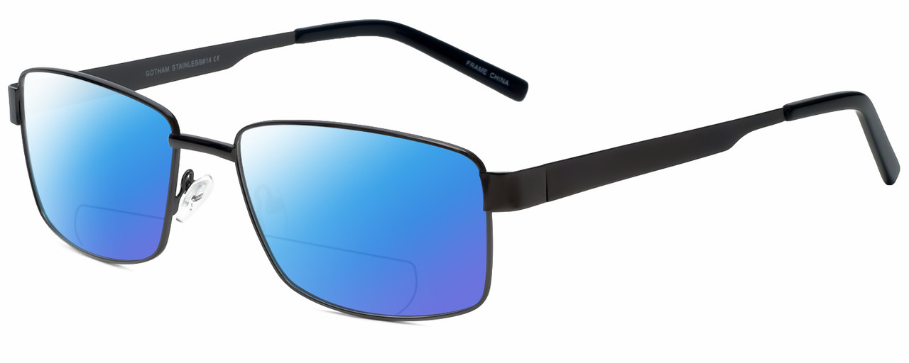 Profile View of Gotham Style 14 Designer Polarized Reading Sunglasses with Custom Cut Powered Blue Mirror Lenses in Gunmetal Mens Square Full Rim Metal 59 mm