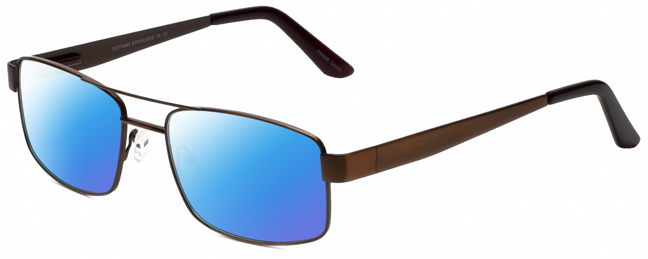 Profile View of Gotham Style 15 Designer Polarized Sunglasses with Custom Cut Blue Mirror Lenses in Antique Brown Mens Square Full Rim Metal 56 mm