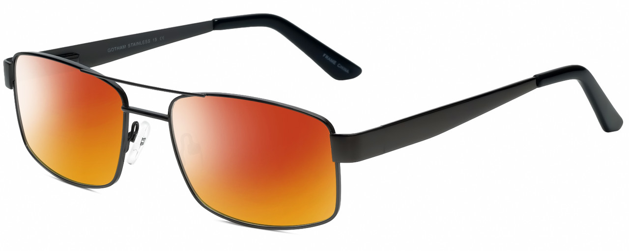 Profile View of Gotham Style 15 Designer Polarized Sunglasses with Custom Cut Red Mirror Lenses in Black Mens Square Full Rim Metal 56 mm