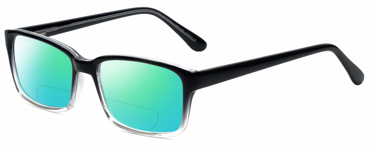 Profile View of Gotham Premium Flex 42 Designer Polarized Reading Sunglasses with Custom Cut Powered Green Mirror Lenses in Black Crystal Fade Mens Square Full Rim Acetate 56 mm