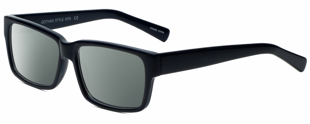 Profile View of Gotham Style 204 Designer Polarized Sunglasses with Custom Cut Smoke Grey Lenses in Black Unisex Rectangular Full Rim Acetate 56 mm