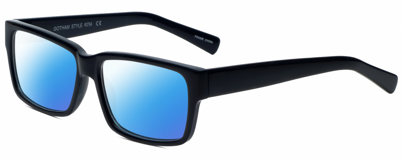 Profile View of Gotham Style 204 Designer Polarized Sunglasses with Custom Cut Blue Mirror Lenses in Black Unisex Rectangular Full Rim Acetate 56 mm