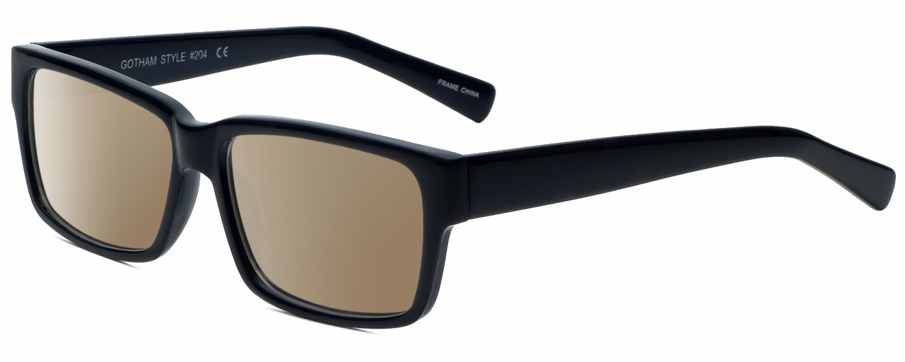 Profile View of Gotham Style 204 Designer Polarized Sunglasses with Custom Cut Amber Brown Lenses in Black Unisex Rectangular Full Rim Acetate 56 mm