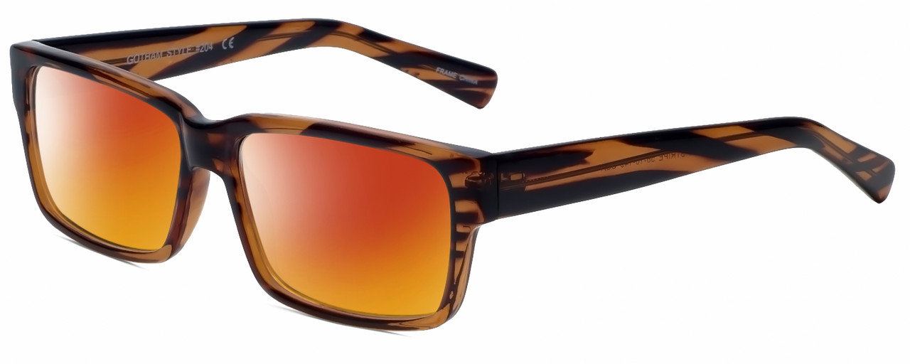 Profile View of Gotham Style 204 Designer Polarized Sunglasses with Custom Cut Red Mirror Lenses in Brown Stripes Unisex Square Full Rim Acetate 56 mm
