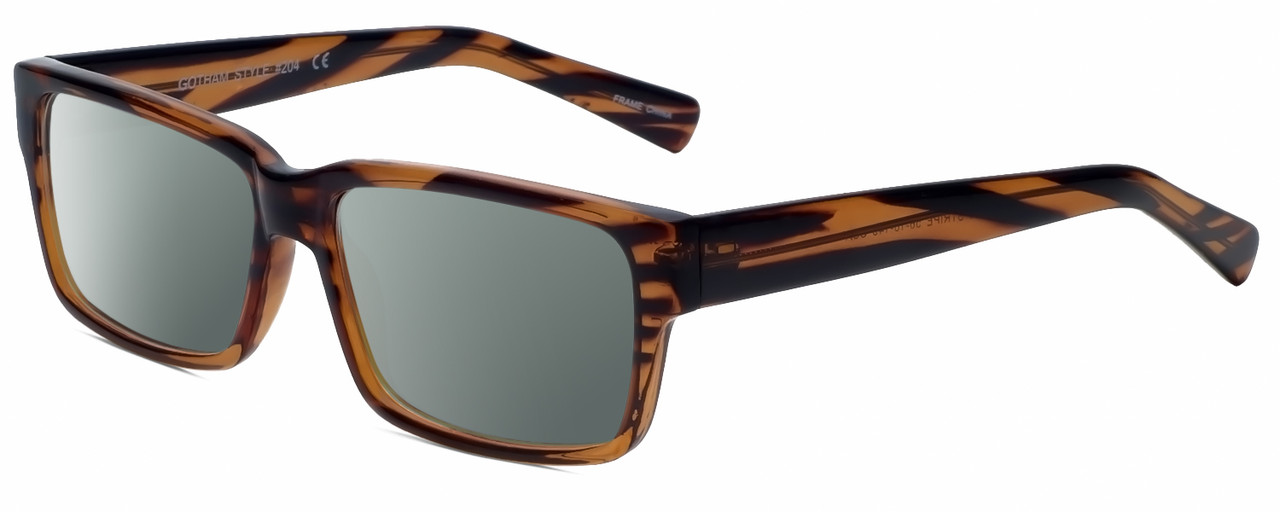 Profile View of Gotham Style 204 Designer Polarized Sunglasses with Custom Cut Smoke Grey Lenses in Brown Stripes Unisex Square Full Rim Acetate 56 mm