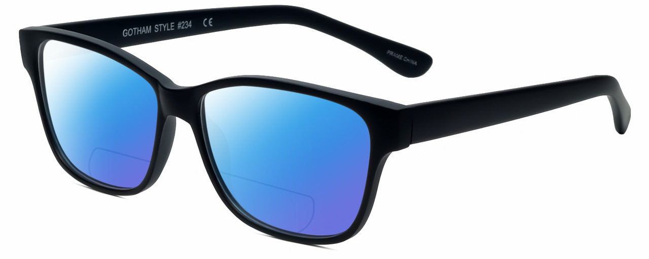 Profile View of Gotham Style 234 Designer Polarized Reading Sunglasses with Custom Cut Powered Blue Mirror Lenses in Matte Black Mens Square Full Rim Acetate 56 mm