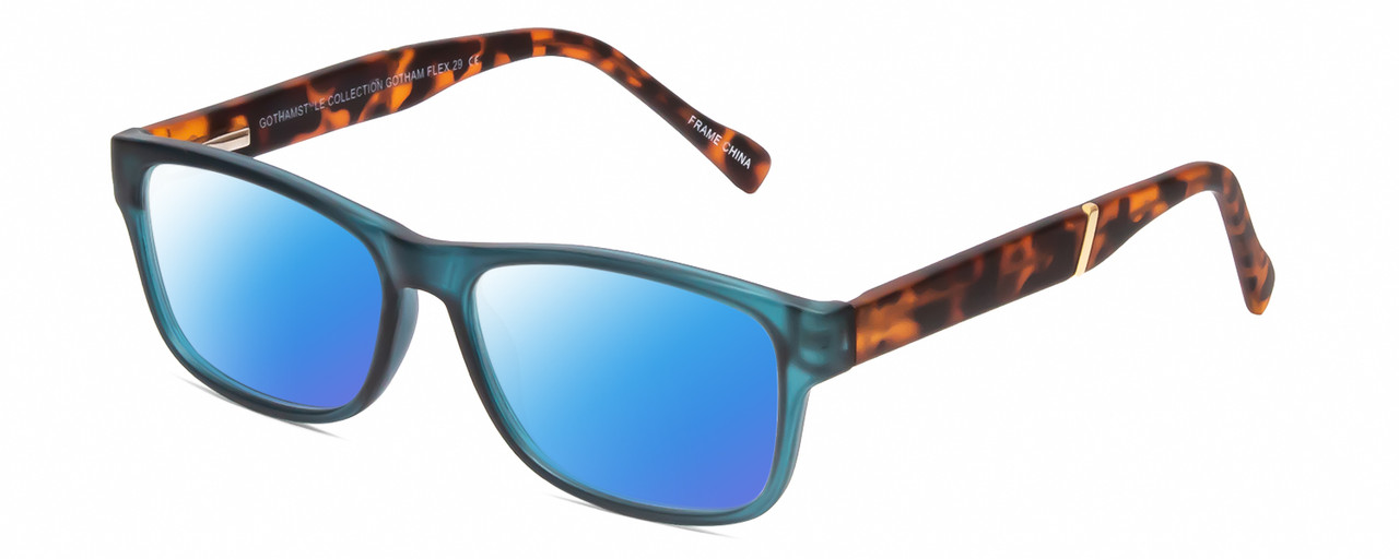 Profile View of Gotham Premium Flex 29 Designer Polarized Sunglasses with Custom Cut Blue Mirror Lenses in Matte Blue Unisex Square Full Rim Acetate 53 mm