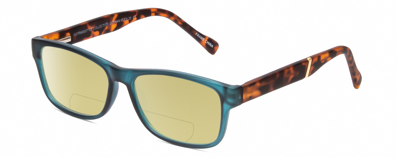 Profile View of Gotham Premium Flex 29 Designer Polarized Reading Sunglasses with Custom Cut Powered Sun Flower Yellow Lenses in Matte Blue Unisex Square Full Rim Acetate 53 mm