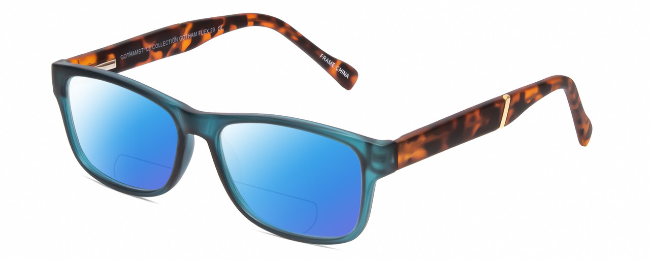 Profile View of Gotham Premium Flex 29 Designer Polarized Reading Sunglasses with Custom Cut Powered Blue Mirror Lenses in Matte Blue Unisex Square Full Rim Acetate 53 mm