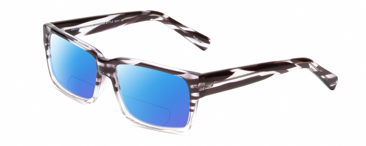 Profile View of Gotham Style 204 Designer Polarized Reading Sunglasses with Custom Cut Powered Blue Mirror Lenses in Black Crystal Stripes Unisex Rectangular Full Rim Acetate 56 mm