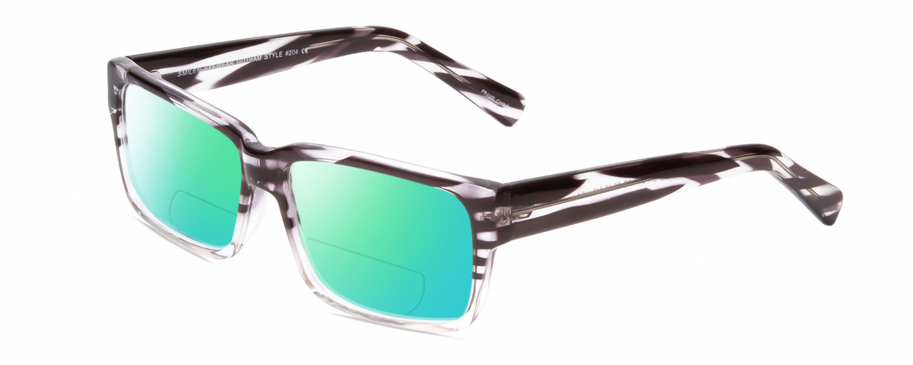 Profile View of Gotham Style 204 Designer Polarized Reading Sunglasses with Custom Cut Powered Green Mirror Lenses in Black Crystal Stripes Unisex Rectangular Full Rim Acetate 56 mm