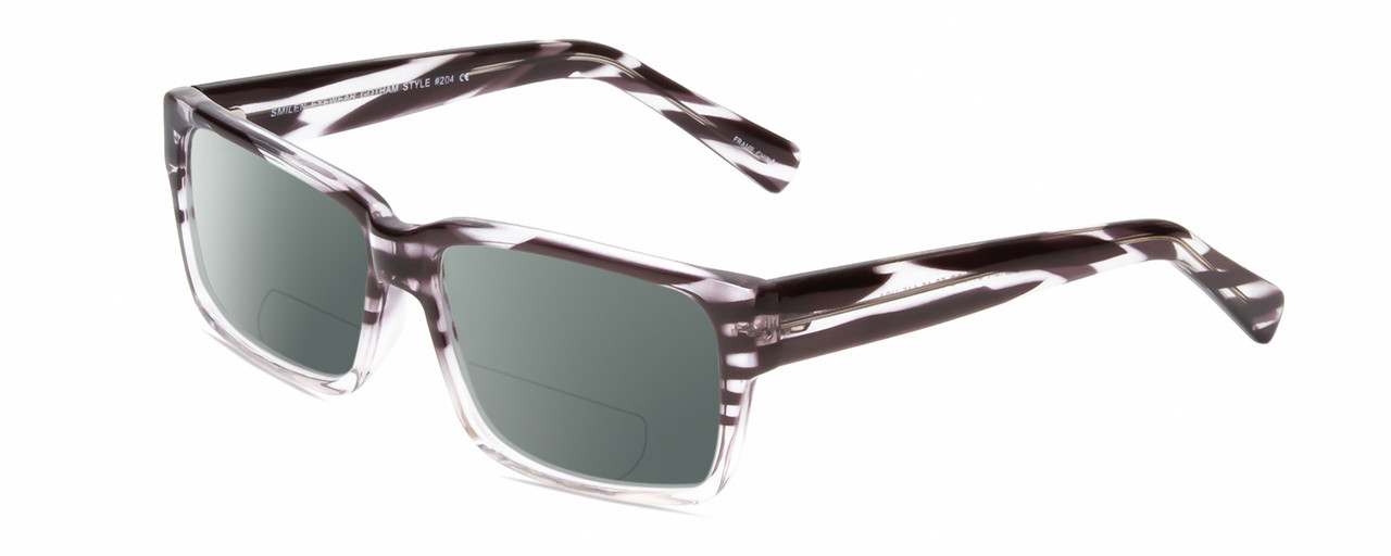 Profile View of Gotham Style 204 Designer Polarized Reading Sunglasses with Custom Cut Powered Smoke Grey Lenses in Black Crystal Stripes Unisex Rectangular Full Rim Acetate 56 mm