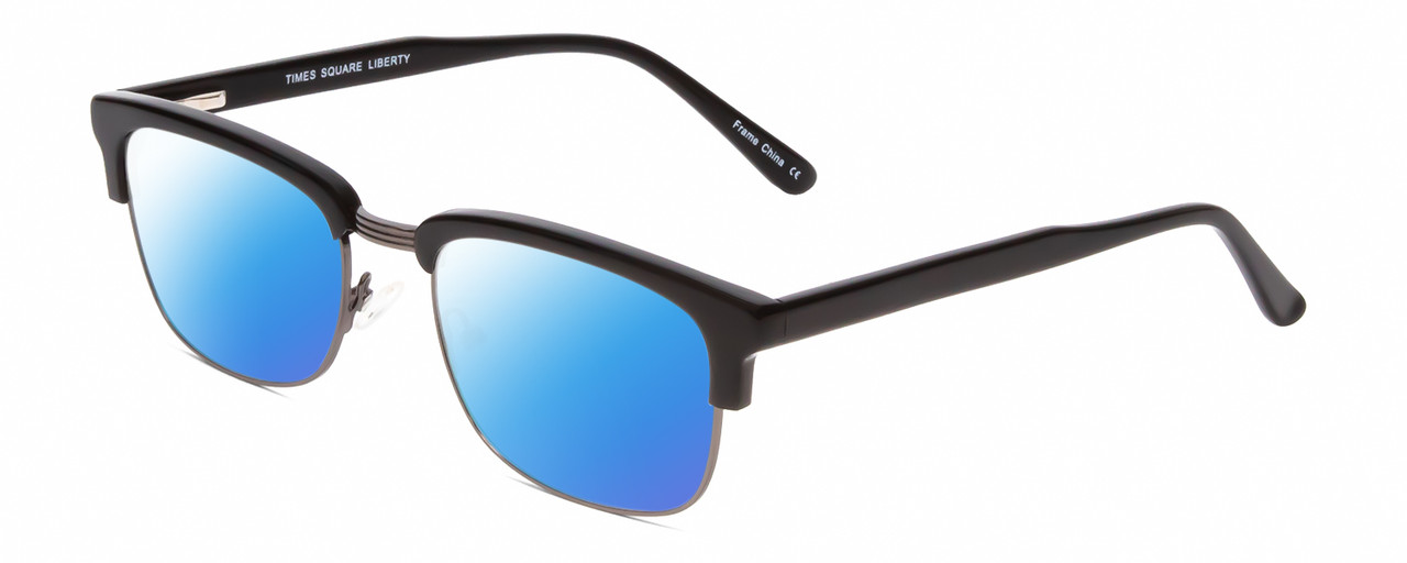 Profile View of Times Square Liberty Designer Polarized Sunglasses with Custom Cut Blue Mirror Lenses in Black GunMetal Silver Unisex Panthos Semi-Rimless Metal 55 mm