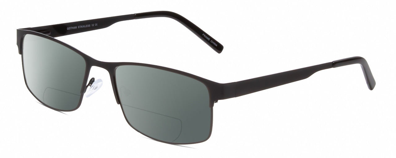 Profile View of Gotham Premium Stainless Steel 12 Designer Polarized Reading Sunglasses with Custom Cut Powered Smoke Grey Lenses in Gunmetal Silver Unisex Rectangular Semi-Rimless Metal 58 mm