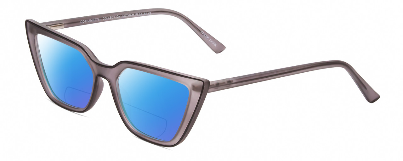 Profile View of Gotham Flex 84 Designer Polarized Reading Sunglasses with Custom Cut Powered Blue Mirror Lenses in Smoke Grey Matte Black Ladies Triangular Full Rim Acetate 49 mm