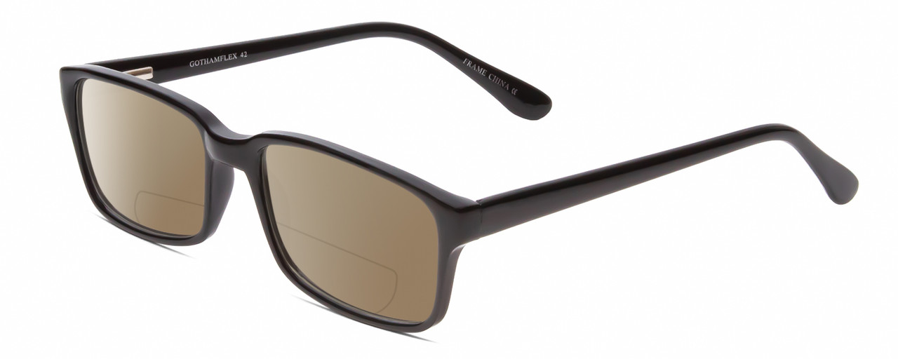 Profile View of Gotham Premium Flex 42 Designer Polarized Reading Sunglasses with Custom Cut Powered Amber Brown Lenses in Gloss Black Mens Square Full Rim Acetate 56 mm