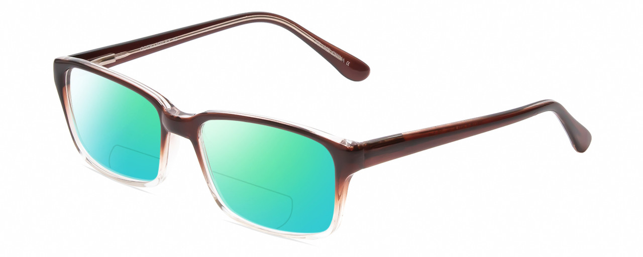 Profile View of Gotham Premium Flex 42 Designer Polarized Reading Sunglasses with Custom Cut Powered Green Mirror Lenses in Brown Crystal Fade Mens Square Full Rim Acetate 56 mm