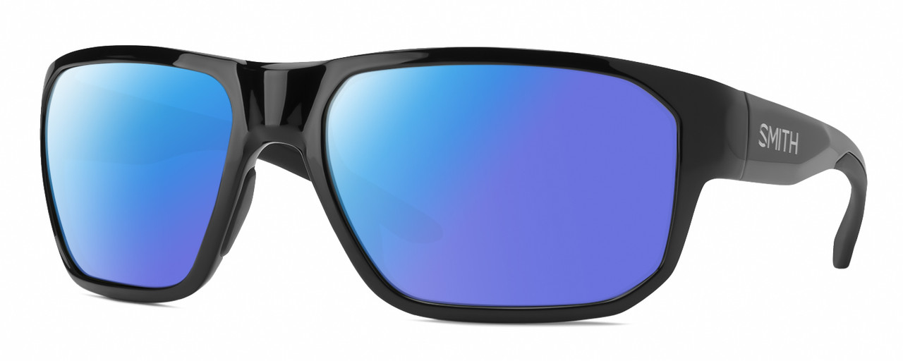 Profile View of Smith Optics Arvo Designer Polarized Sunglasses with Custom Cut Blue Mirror Lenses in Gloss Black Mens Rectangle Full Rim Acetate 61 mm