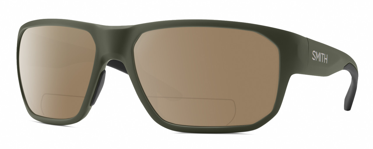 Profile View of Smith Optics Arvo Designer Polarized Reading Sunglasses with Custom Cut Powered Amber Brown Lenses in Matte Moss Green Mens Rectangle Full Rim Acetate 61 mm