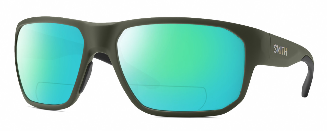 Profile View of Smith Optics Arvo Designer Polarized Reading Sunglasses with Custom Cut Powered Green Mirror Lenses in Matte Moss Green Mens Rectangle Full Rim Acetate 61 mm