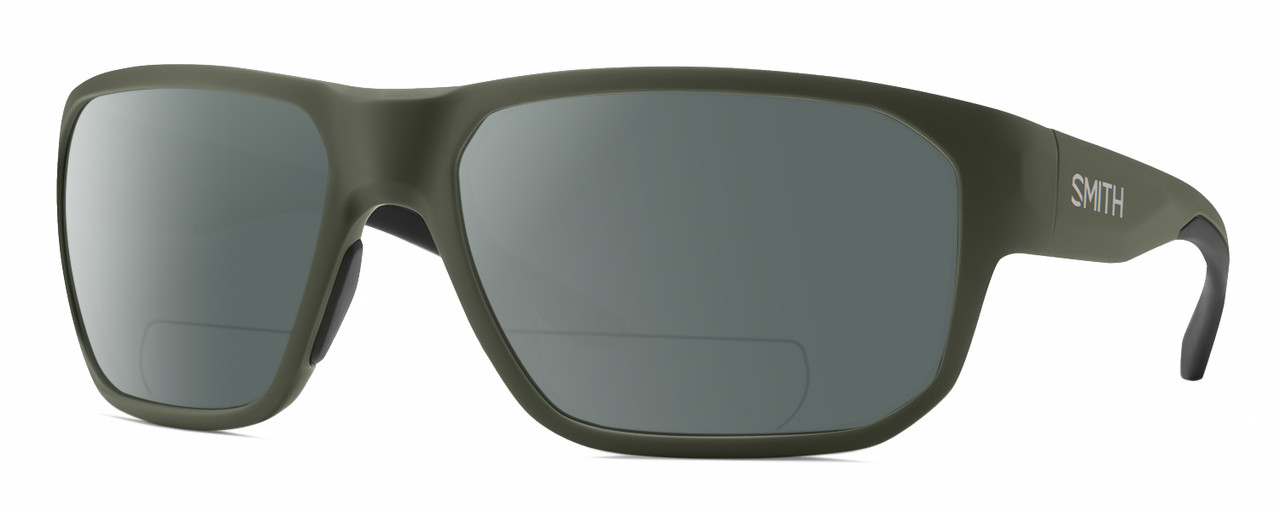 Profile View of Smith Optics Arvo Designer Polarized Reading Sunglasses with Custom Cut Powered Smoke Grey Lenses in Matte Moss Green Mens Rectangle Full Rim Acetate 61 mm