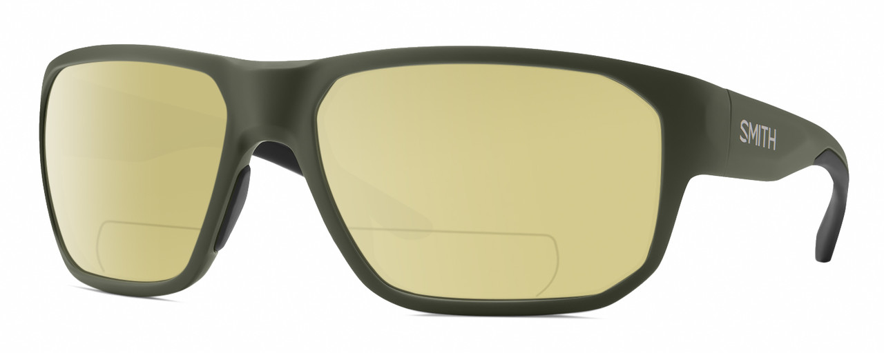 Profile View of Smith Optics Arvo Designer Polarized Reading Sunglasses with Custom Cut Powered Sun Flower Yellow Lenses in Matte Moss Green Mens Rectangle Full Rim Acetate 61 mm