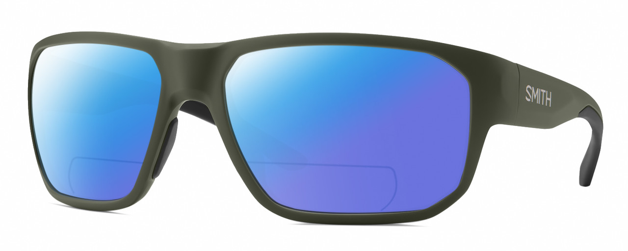 Profile View of Smith Optics Arvo Designer Polarized Reading Sunglasses with Custom Cut Powered Blue Mirror Lenses in Matte Moss Green Mens Rectangle Full Rim Acetate 61 mm