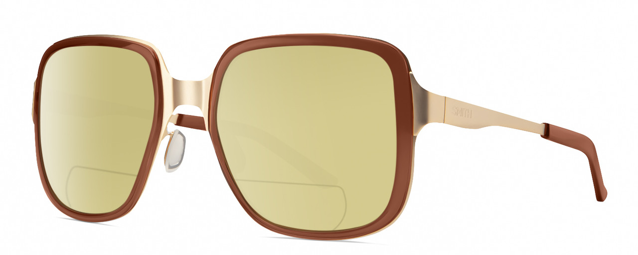 Profile View of Smith Optics Aveline Designer Polarized Reading Sunglasses with Custom Cut Powered Sun Flower Yellow Lenses in Amber Brown Unisex Square Full Rim Stainless Steel 55 mm