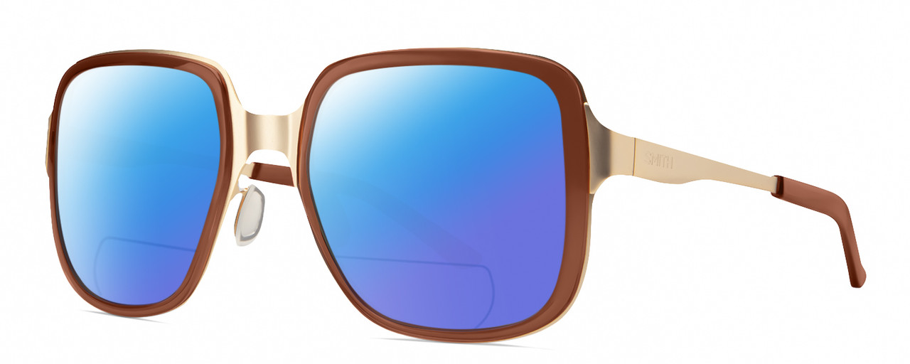 Profile View of Smith Optics Aveline Designer Polarized Reading Sunglasses with Custom Cut Powered Blue Mirror Lenses in Amber Brown Unisex Square Full Rim Stainless Steel 55 mm