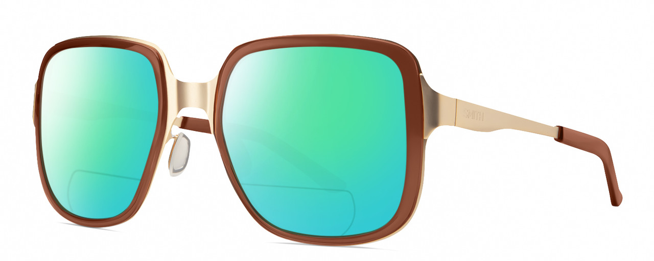 Profile View of Smith Optics Aveline Designer Polarized Reading Sunglasses with Custom Cut Powered Green Mirror Lenses in Amber Brown Unisex Square Full Rim Stainless Steel 55 mm