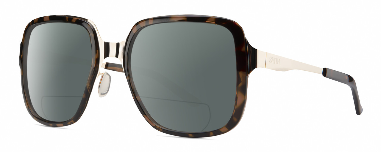 Profile View of Smith Optics Aveline Designer Polarized Reading Sunglasses with Custom Cut Powered Smoke Grey Lenses in Tortoise Havana Brown Gold Unisex Square Full Rim Stainless Steel 55 mm