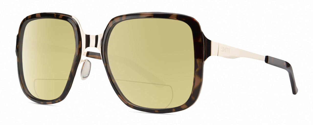 Profile View of Smith Optics Aveline Designer Polarized Reading Sunglasses with Custom Cut Powered Sun Flower Yellow Lenses in Tortoise Havana Brown Gold Unisex Square Full Rim Stainless Steel 55 mm