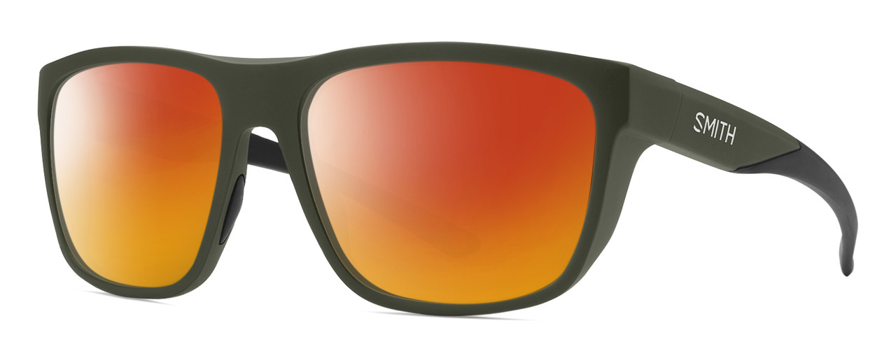 Profile View of Smith Optics Barra Designer Polarized Sunglasses with Custom Cut Red Mirror Lenses in Matte Moss Green Unisex Classic Full Rim Acetate 59 mm