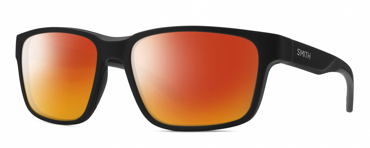 Profile View of Smith Optics Basecamp Designer Polarized Sunglasses with Custom Cut Red Mirror Lenses in Matte Black Unisex Square Full Rim Acetate 58 mm
