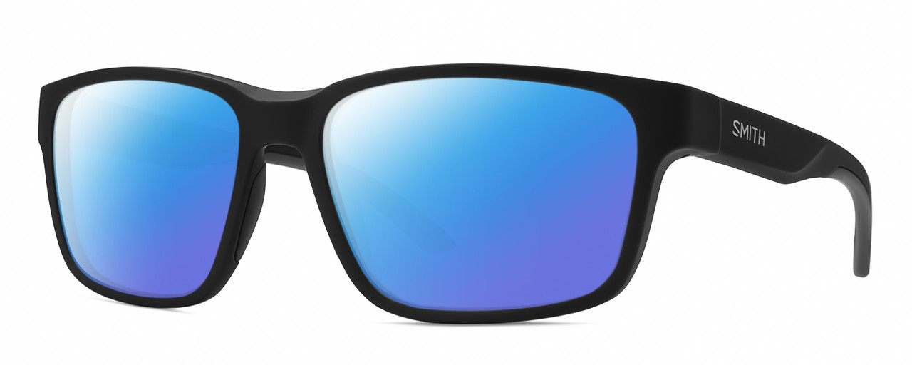 Profile View of Smith Optics Basecamp Designer Polarized Sunglasses with Custom Cut Blue Mirror Lenses in Matte Black Unisex Square Full Rim Acetate 58 mm