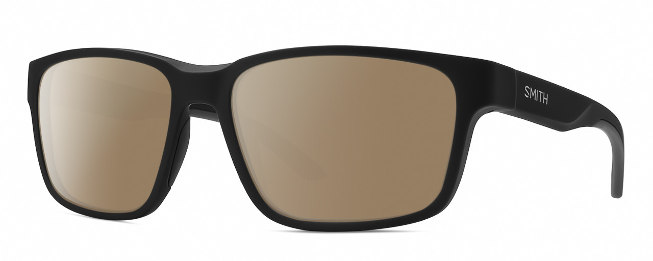 Profile View of Smith Optics Basecamp Designer Polarized Sunglasses with Custom Cut Amber Brown Lenses in Matte Black Unisex Square Full Rim Acetate 58 mm