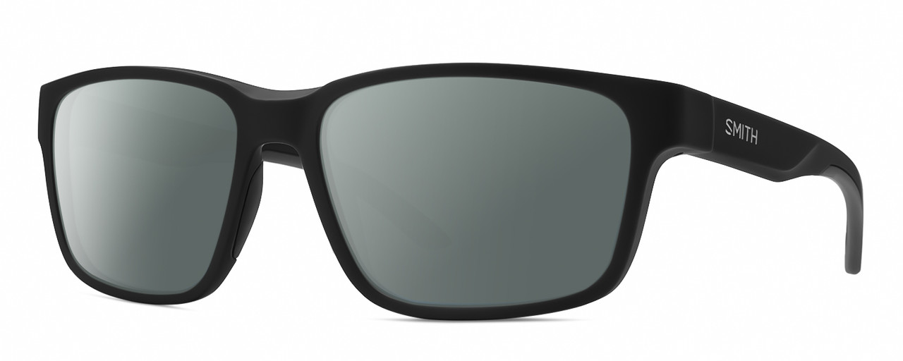 Profile View of Smith Optics Basecamp Designer Polarized Sunglasses with Custom Cut Smoke Grey Lenses in Matte Black Unisex Square Full Rim Acetate 58 mm