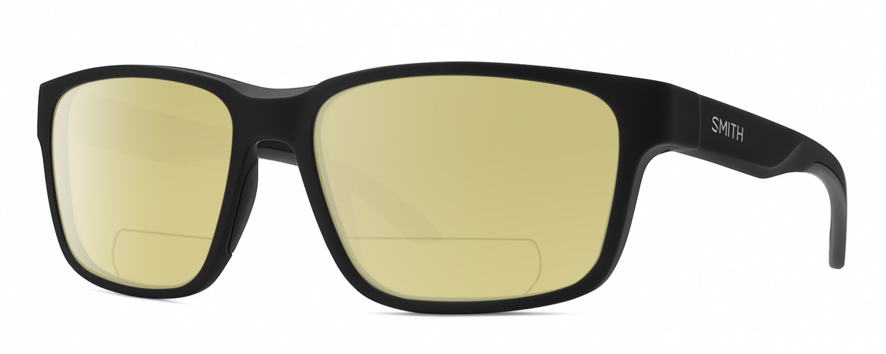 Profile View of Smith Optics Basecamp Designer Polarized Reading Sunglasses with Custom Cut Powered Sun Flower Yellow Lenses in Matte Black Unisex Square Full Rim Acetate 58 mm