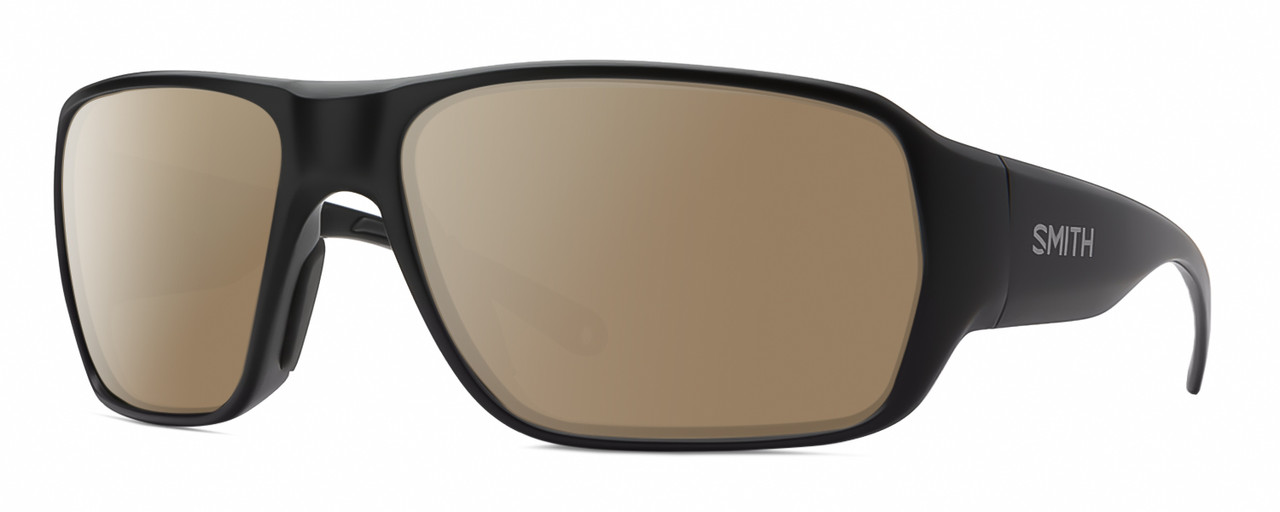 Profile View of Smith Optics Castaway Designer Polarized Sunglasses with Custom Cut Amber Brown Lenses in Matte Black Unisex Wrap Full Rim Acetate 63 mm