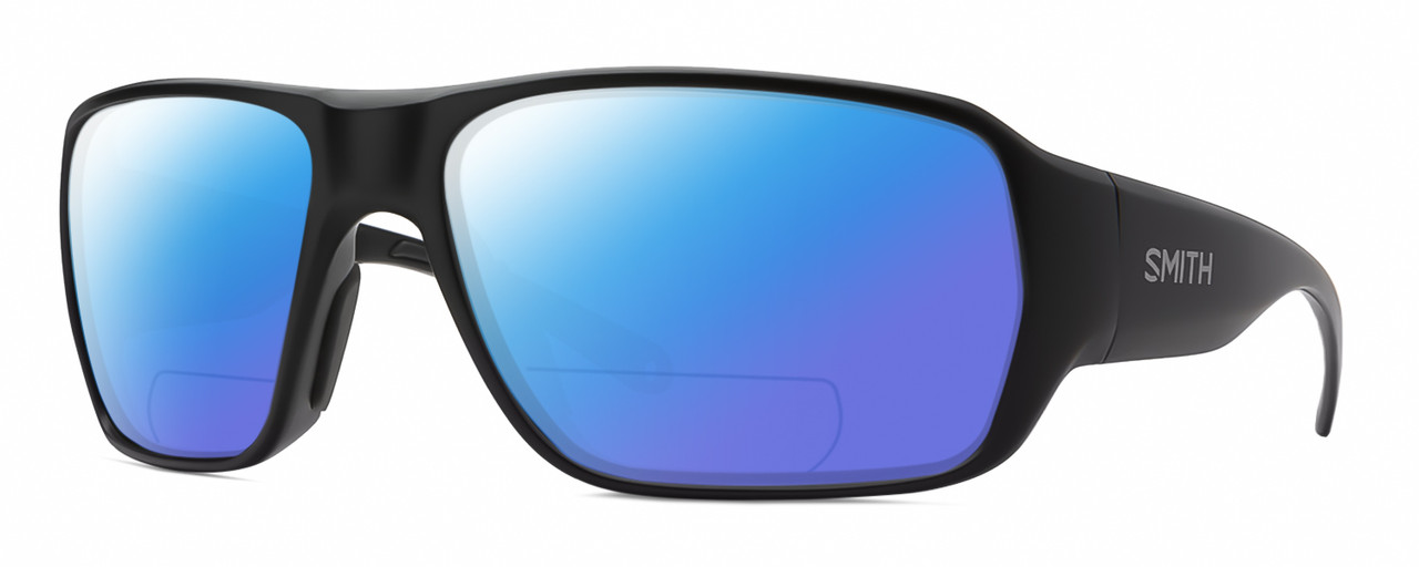 Profile View of Smith Optics Castaway Designer Polarized Reading Sunglasses with Custom Cut Powered Blue Mirror Lenses in Matte Black Unisex Wrap Full Rim Acetate 63 mm