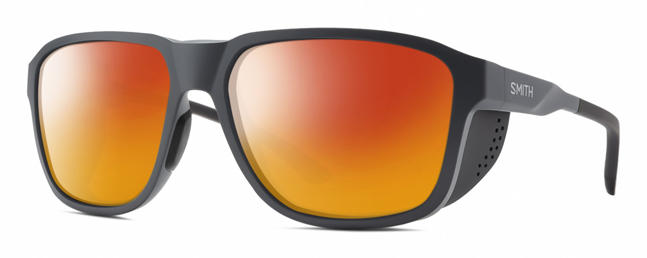 Profile View of Smith Optics Embark Designer Polarized Sunglasses with Custom Cut Red Mirror Lenses in Matte Slate Grey Unisex Wrap Full Rim Acetate 58 mm