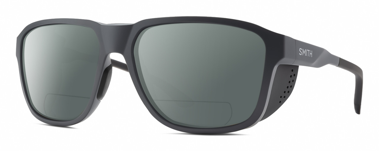 Profile View of Smith Optics Embark Designer Polarized Reading Sunglasses with Custom Cut Powered Smoke Grey Lenses in Matte Slate Grey Unisex Wrap Full Rim Acetate 58 mm