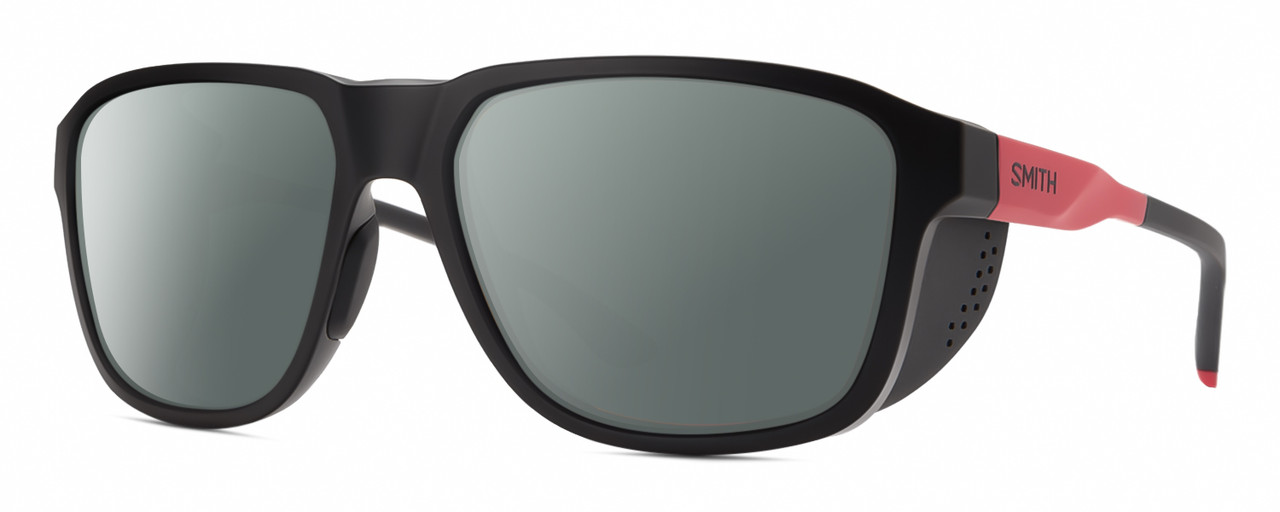 Profile View of Smith Optics Embark Designer Polarized Sunglasses with Custom Cut Smoke Grey Lenses in TNF Matte Black/Horizon Red Unisex Wrap Full Rim Acetate 58 mm