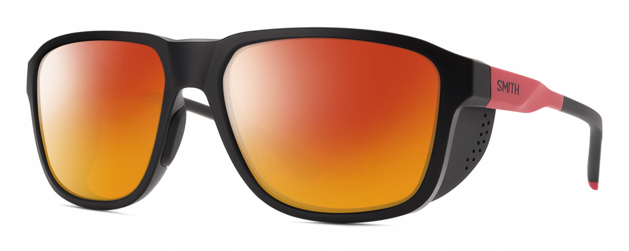 Profile View of Smith Optics Embark Designer Polarized Sunglasses with Custom Cut Red Mirror Lenses in TNF Matte Black/Horizon Red Unisex Wrap Full Rim Acetate 58 mm