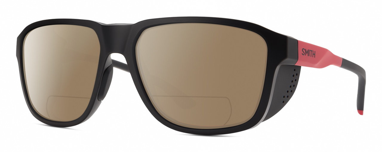 Profile View of Smith Optics Embark Designer Polarized Reading Sunglasses with Custom Cut Powered Amber Brown Lenses in TNF Matte Black/Horizon Red Unisex Wrap Full Rim Acetate 58 mm