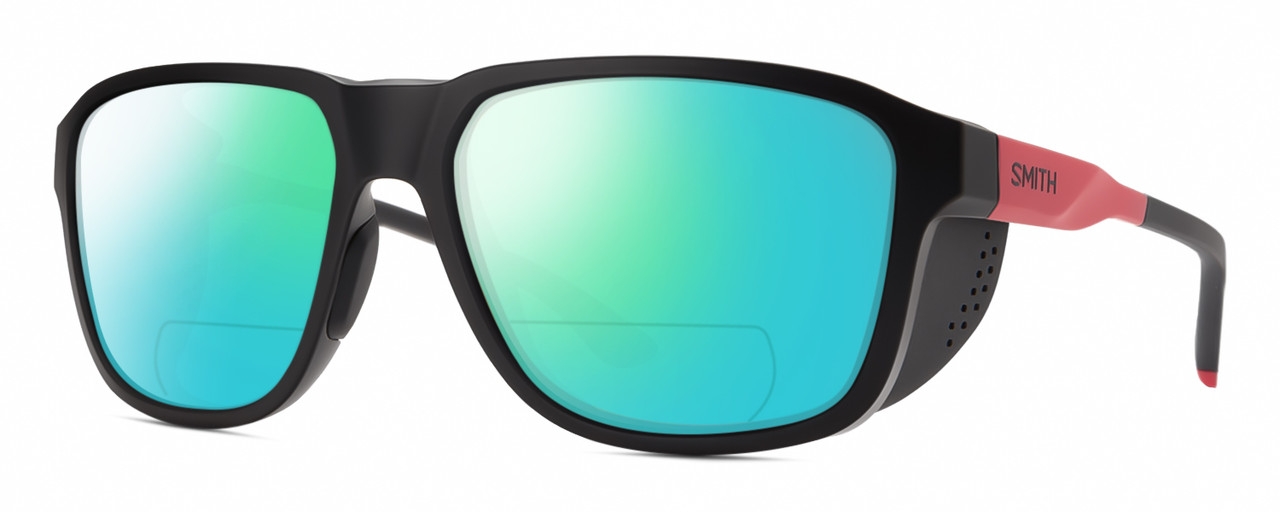 Profile View of Smith Optics Embark Designer Polarized Reading Sunglasses with Custom Cut Powered Green Mirror Lenses in TNF Matte Black/Horizon Red Unisex Wrap Full Rim Acetate 58 mm