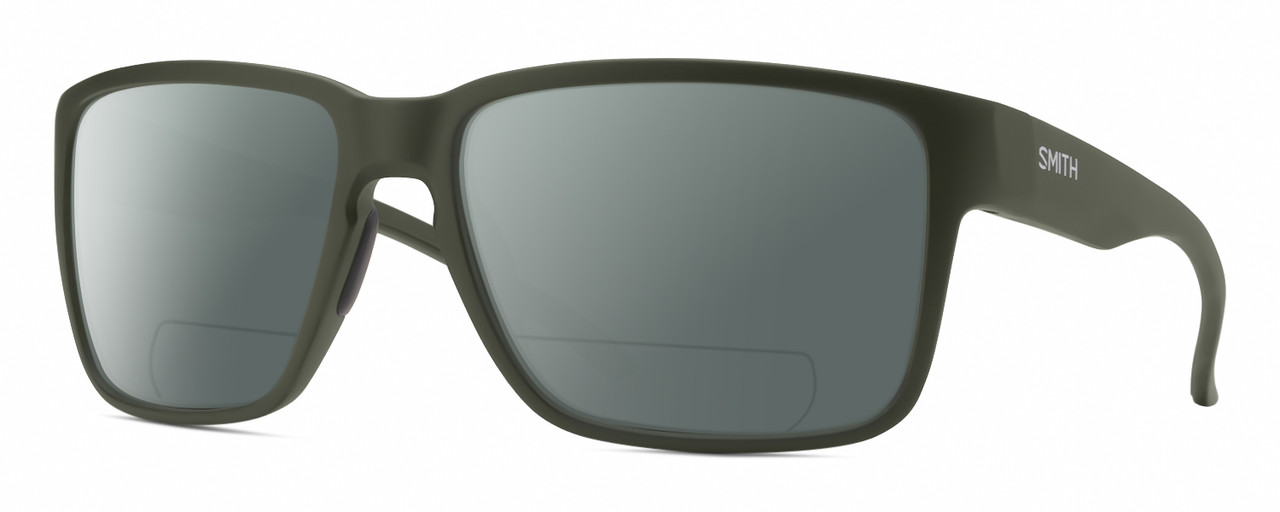 Profile View of Smith Optics Emerge Designer Polarized Reading Sunglasses with Custom Cut Powered Smoke Grey Lenses in Matte Moss Green Unisex Square Full Rim Acetate 60 mm